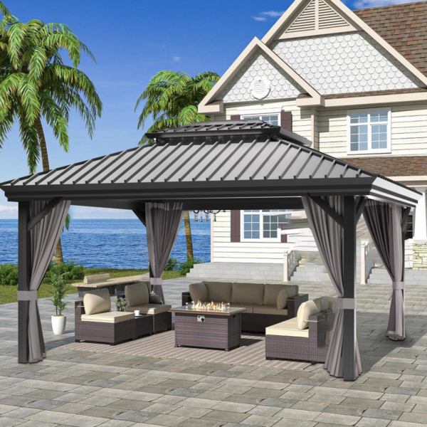 Patioslife Hardtop Pergola Gazebo Grey 10 ft x 12 ft Aluminum Frame Galvanized Steel Roof